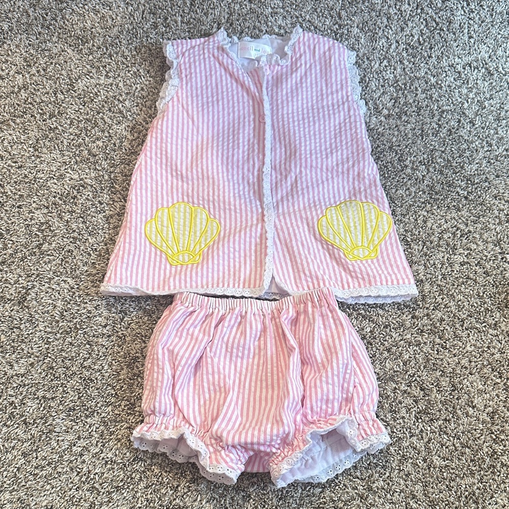 Cecil and Lou Pink and White Striped toddler Outfit with Yellow Shells
